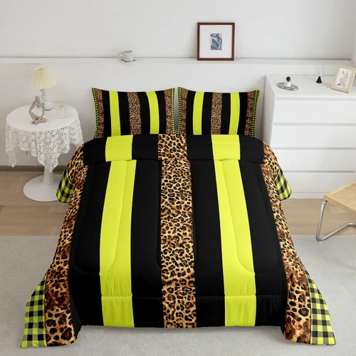 Vista 22 de Manfei Juego de edredón con estampado de leopardo, tamaño individual, juego de ropa de cama con estampado de guepardo marrón y negro, 2 piezas Negro