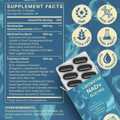 Vista 2 de Suplemento NAD+ de 1600 mg de fuerza extra, alternativa liposomal NMN con resveratrol, urolitina A, CoQ10, quercetina y ALA, energía mitocondrial