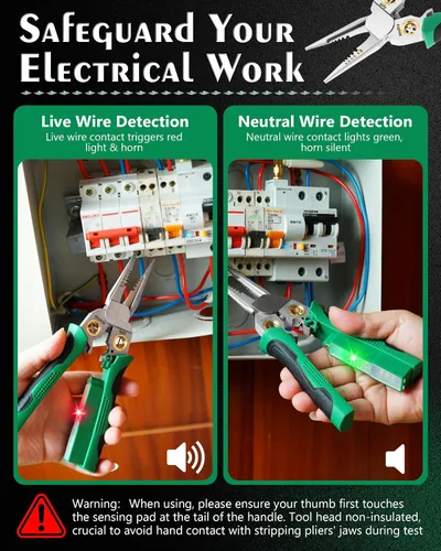 Vista 2 de Pelacables de 8 en 1, herramienta de pelado de cables con probador de voltaje, cortadores de cable con alicates, torsión, crimpadora, división
