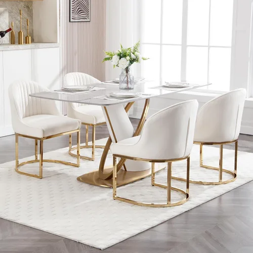 Vista 2 de Juego de 2 sillas de comedor de terciopelo, sillas de comedor tapizadas con patas de metal dorado, sillas auxiliares modernas para cocina, sillas