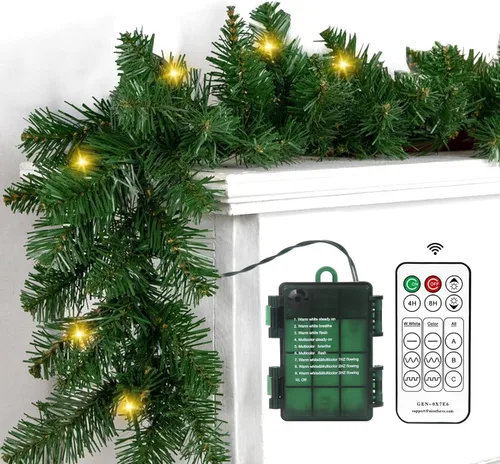 Vista 11 de Guirnalda de Navidad de pino Norfolk preiluminada de 6 pies con luces LED y control remoto – Guirnalda iluminada a pilas para repisa de chimenea