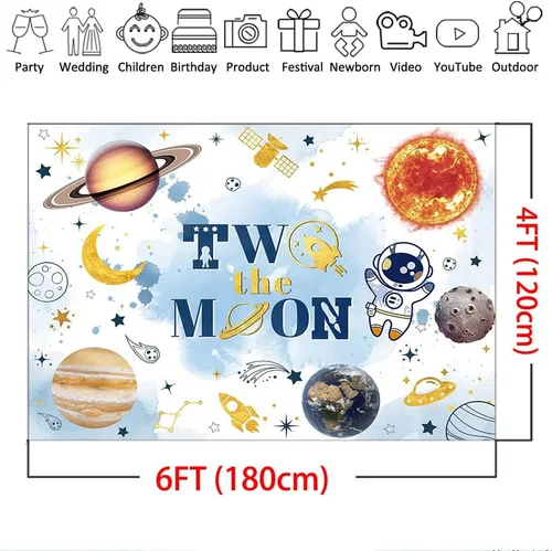 Vista 4 de Mocsicka Telón de fondo con texto en inglés «Two The Moon» para fiesta de segundo cumpleaños, espacio exterior, decoración de fondo del espacio Azul
