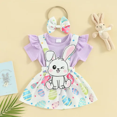 Vista 2 de Adobabirl Vestido de Pascua para niña recién nacida, mameluco de manga corta con conejo, huevos de Pascua, falda con tirantes, diadema
