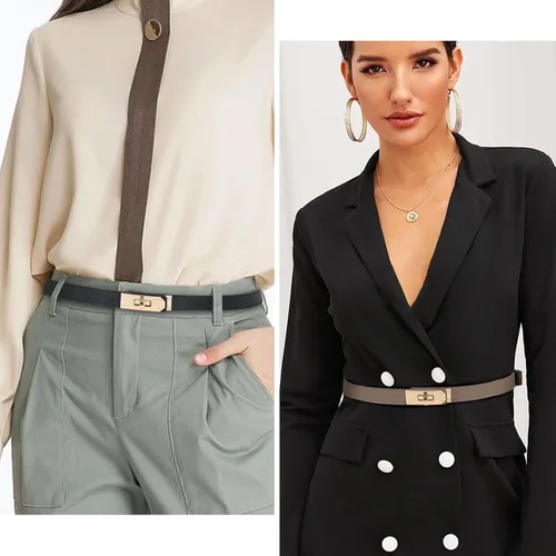Vista 59 de Cinturón de cuero clásico con hebilla de metal para mujer con vestido de jeans