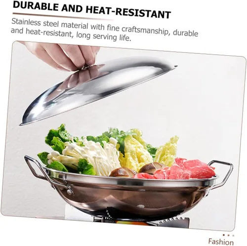 Vista 3 de UPKOCH Olla de cocina de acero inoxidable chino Shabu Shabu olla caliente doble mango salsa antiadherente con tapa pequeña stock, 9 pulgadas