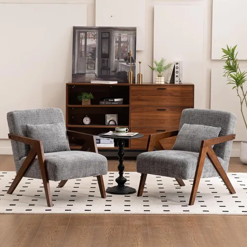 Vista 21 de Silla con acento moderno de mediados de siglo con marco de madera maciza, sillas tapizadas de chenilla para sala de estar con cojín para dormitorio