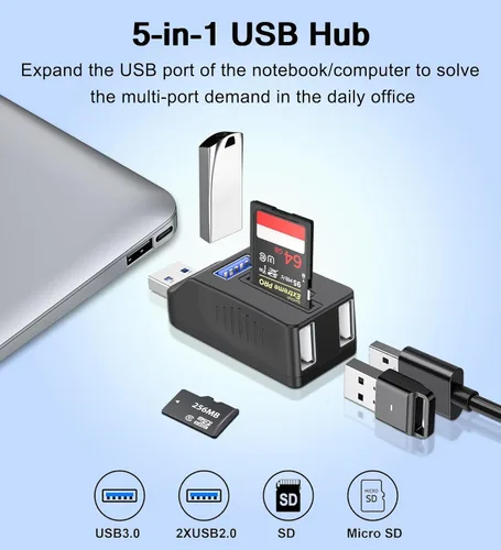 Vista 2 de VIENON Hub USB 5-Puertos 3.0 con Lector de Tarjetas SD TF, Adaptador Extensor USB con Lector de Tarjetas de Memoria SD/Micro SD, Puertos USB