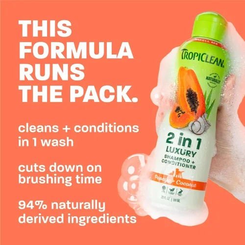 Vista 3 de TropiClean Champú y acondicionador 2 en 1 para perros, aroma a papaya de larga duración, desenredante hidratante para perros, seguro para cachorros