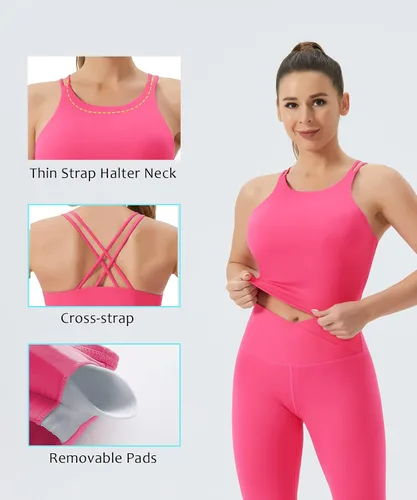 Vista 5 de THE GYM PEOPLE Sujetador deportivo con espalda cruzada para mujer, cuello halter, camiseta corta sin mangas con almohadillas extraíbles