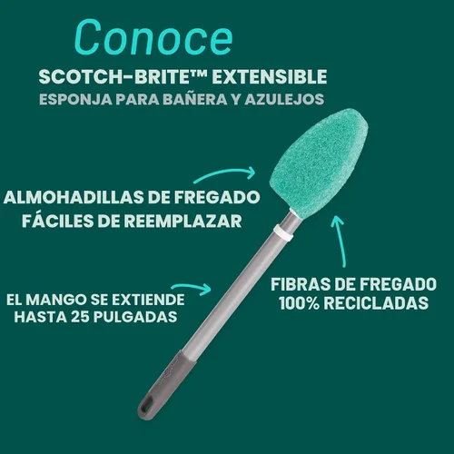 Vista 2 de Scotch-Brite - Kit extensible de limpieza para tina y azulejos, 1 mango y 3 fregadores