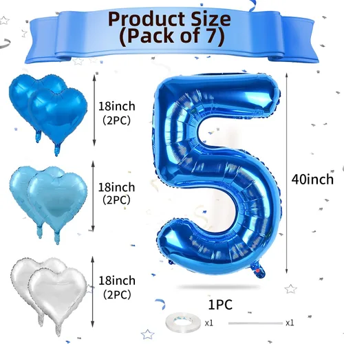 Vista 2 de Biapian - Globos azules de 1 metro con número 5, globo grande con número 5, con globos de 46 cm en forma de corazón de lámina azul oscuro