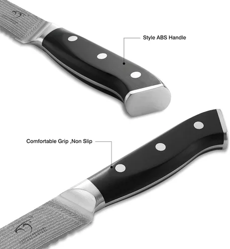 Vista 3 de Cuchillo de cocina Damasco, cuchillo de pan dentado de 8 pulgadas con mango ergonómico de madera antideslizante, afilado, ligero, control superior