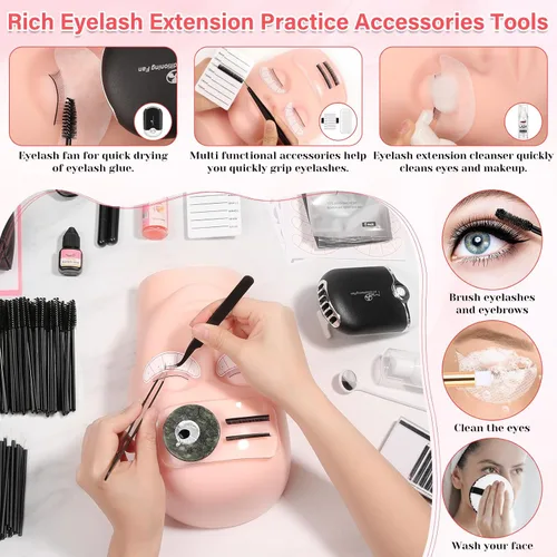 Vista 6 de Kit de pestañas para principiantes de extensión de pestañas Kit de extensión de pestañas con cabeza de maniquí de pestañas, Kit de inicio