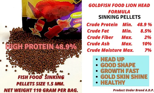 Vista 2 de A.D.P. Lion Head UP Fórmula 3.53 oz, pellet de hundimiento de alimentos Goldfish de 0.059 in, alto contenido de proteínas 48.9% de color de peces