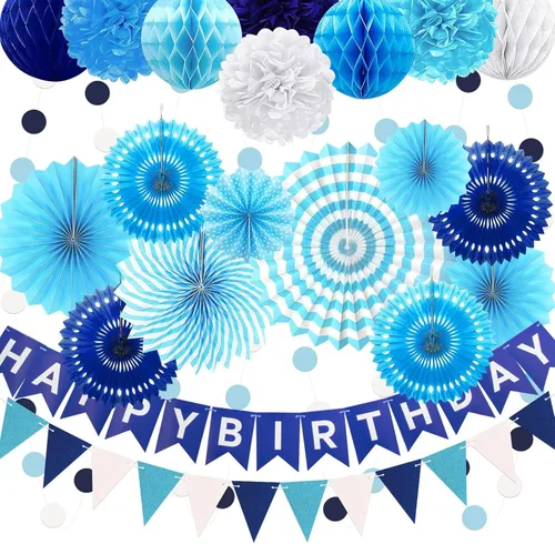 Vista 19 de Juego de 24 piezas de decoración de fiesta de cumpleaños azul marino dorado para baby shower with Hanging Paper Fans Pom Poms Flowers Garland