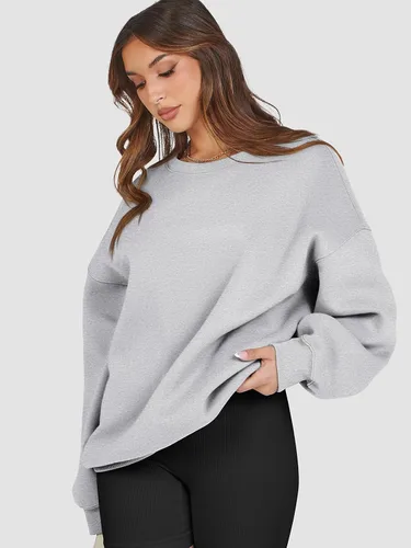Vista 3 de ATHMILE Sudadera de gran tamaño para mujer, cuello redondo, forro polar, manga larga, sudaderas con capucha, tops de otoño, ropa de moda 2024