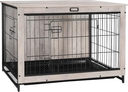 Vista 12 de Mueble de jaula para perros, perrera pequeña de 25.5 pulgadas para interiores, jaula de madera con bandeja extraíble, mesa auxiliar lateral que