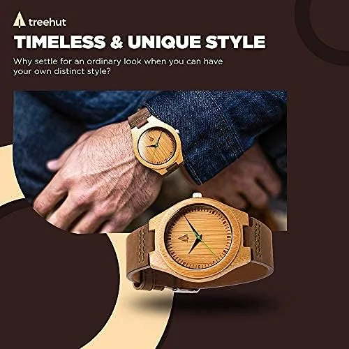 Vista 4 de Treehut - Reloj de pulsera analógico para hombres, de madera con correa de piel auténtica, estilo elegante.