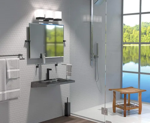 Vista 3 de Gatco 4719MXSM Bleu Espejo rectangular sin marco, 24 H, negro mate/montado en la pared, espejo rectangular biselado inclinable para baño