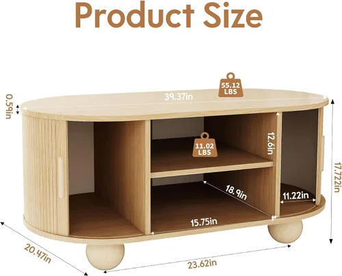 Vista 2 de Mesa auxiliar rectangular, mesas de centro acanaladas para sala de estar, mesa de centro de mediados de siglo con almacenamiento y puertas Natural