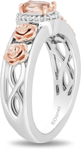 Vista 3 de Jewelili Enchanted Disney Fine Jewelry - Anillo de plata de ley y oro rosa de 10 quilates con diamante CTTW de 120 y manganita Aurora Halo Filigrana