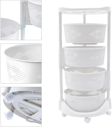 Vista 5 de Cesta giratoria de almacenamiento de frutas de 4 niveles, estante de almacenamiento giratorio para cocina, cesta de frutas con ruedas para frutas