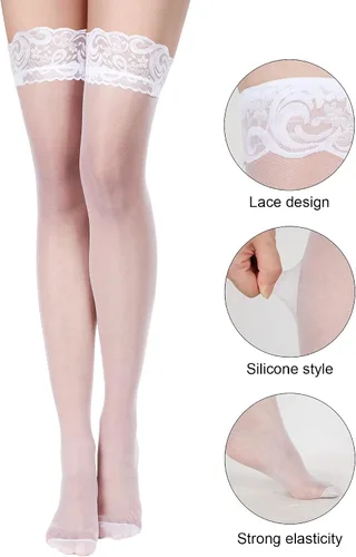 Vista 3 de Boao 3 pares de medias altas hasta el muslo para mujer, antideslizantes, de silicona, con encaje, medias de seda para mujeres y niñas, suministros