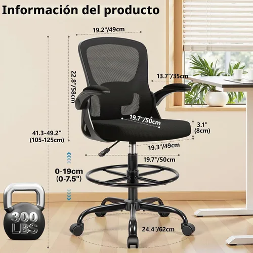 Vista 3 de Silla de dibujo alta de oficina para escritorio de pie, taburete ergonómico de trabajo para computadora con brazos abatibles, anillo de pie y Negro