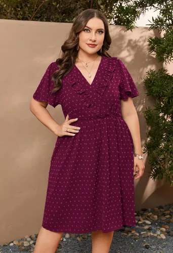 Vista 2 de ShopWonder Vestido de lunares suizos para mujer, talla grande, con botones, cuello en V, manga corta, lindo vestido bohemio fruncido con bolsillos