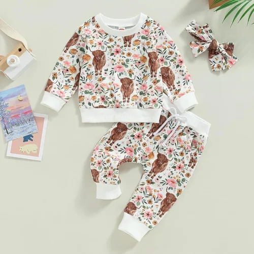 Vista 2 de Conjunto de sudadera de manga larga con cuello redondo y pantalones deportivos para bebé niña de 2 piezas