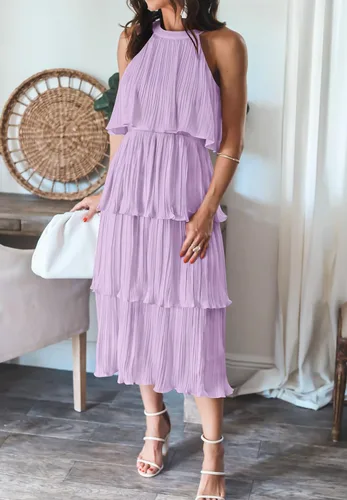 Vista 2 de ZESICA Vestido largo midi de gasa con capas escalonadas y cuello halter para mujer, 2023