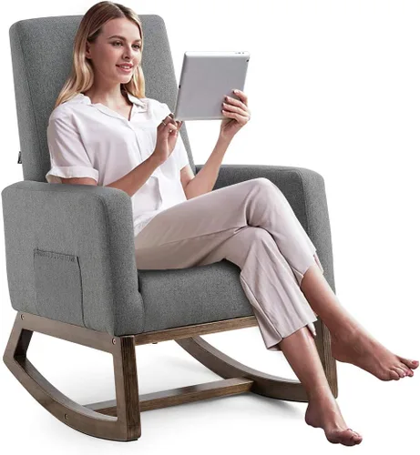 Vista 6 de GIANTEX Mecedora tapizada para sala de estar con respaldo y asiento acolchados, base de madera, mecedora para guardería, oficina en casa y uso Gris
