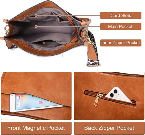 Vista 4 de Freie Liebe Bolsos cruzados grandes para mujer con 3 correas de cuero vegano, bolsos cruzados de hombro