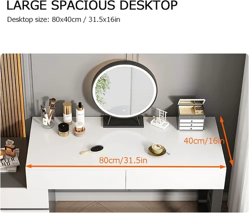 Vista 5 de Tocador de maquillaje con luces, brillo ajustable, 5 cajones, taburete acolchado suave, para dormitorio, estudio, tocador con espejo iluminado