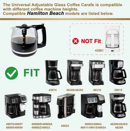 Vista 6 de Jarra de café universal de repuesto de vidrio de 12 tazas, compatible con múltiples marcas de cafetera, mango negro