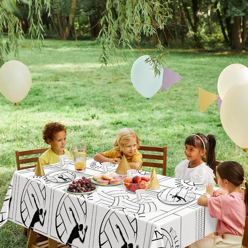 Vista 7 de durony 130 piezas de suministros de fiesta de voleibol, mantel de plástico, platos, tazas, servilletas, cubiertos, voleibol, decoraciones