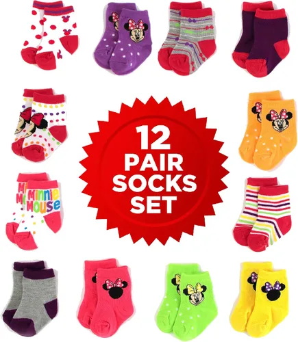 Vista 6 de Disney Juego de 12 pares de calcetines de Minnie Mouse para niñas pequeñas, multicolor, edades de 0 a 24 meses