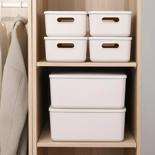Vista 4 de Yishyfier Cestas de Almacenamiento de Plástico con Tapa Contenedor Organizador Contenedores Organizadores de Tejido de Punto con Tapa para Estantes