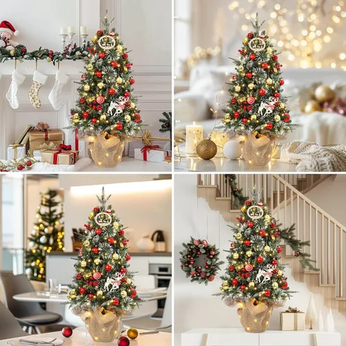 Vista 5 de GarveeHome Mini árbol de Navidad artificial preiluminado de 3 pies para mesa, árbol de Navidad con 85 luces LED blancas cálidas, base de bolsa