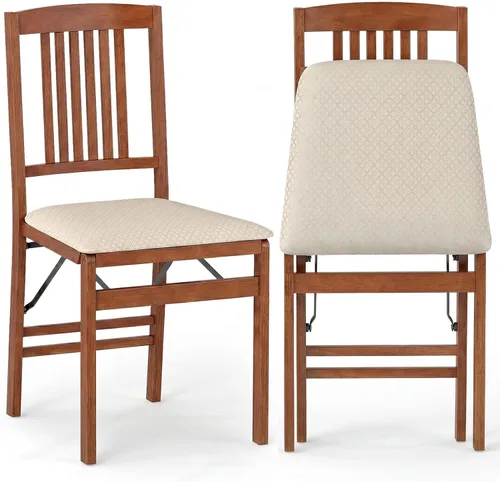 Vista 16 de COSTWAY Juego de 2 sillas de comedor plegables de madera maciza con asiento Marrón y listón