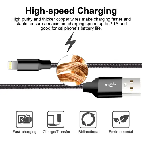 Vista 3 de Cable USB a Lightning, paquete de 5 cables de carga rápida para iPhone Negro