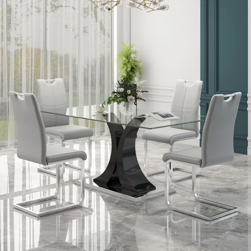 Vista 13 de Juego de comedor moderno de vidrio de lujo de 5 piezas, juego de cena rectangular minimalista grande para 4, juego de mesa de cocina de vidrio
