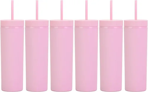 Vista 9 de Vasos negros mate con tapas y popotes. Vasos delgados de 16 onzas a granel. Vasos acrílicos de plástico de doble pared pastel para batidos de café