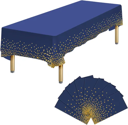 Vista 12 de Paquete de 4 manteles de plástico desechables azules y dorados para mesa rectangular, manteles desechables de 54 x 108 pulgadas, manteles