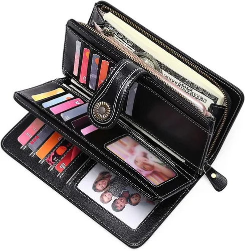 Vista 2 de SENDEFN - Cartera de cuero genuino para mujer con correa, 24 ranuras para tarjetas, 2 compartimentos para tarjetas de identificación, ventanas