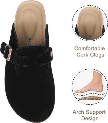 Vista 4 de Dumalum - Zuecos de ante para mujer y hombre - Sandalias ajustables con hebilla, plantilla de corcho, suelas antideslizantes - Zapatillas unisex