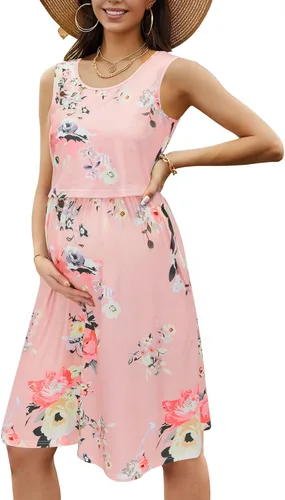 Vista 2 de OUGES Vestidos de maternidad lisosflorales para mujer, sin mangasmanga larga, vestido de lactancia