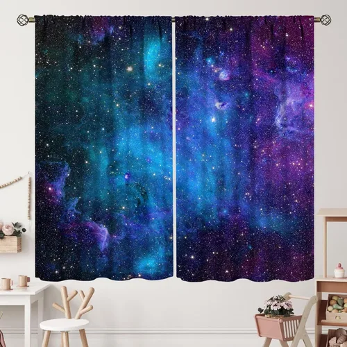 Vista 25 de Cortinas de planeta galaxia, espacio exterior, universo, nebulosa, estrellas, cielo estrellado, con bolsillo para cortinero, para sala de estar