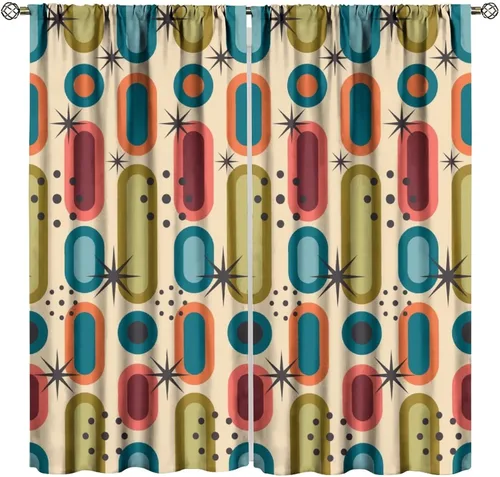 Vista 23 de Cortina de Ventana de Mediados de Siglo con Explosiones de Estrellas, Cortinas con Estampado de Inspiración Atómica para Sala de Estar Dormitorio