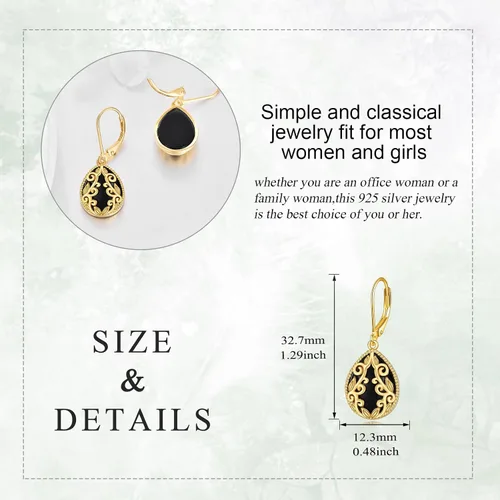 Vista 5 de Aretes de ónix negro de plata de ley chapados en oro amarillo de 18 quilates con filigrana bohemia, aretes colgantes de joyería para mujeres y niñas